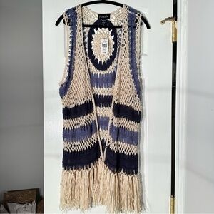 NWT Frazzle Crochet Macrame Fringe Vest Blue and Beige Bohemian Hippie Sz M
